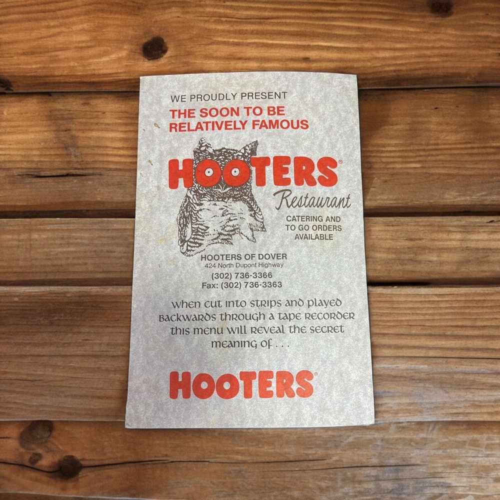 Vintage Menu Hooters Of Dover 1986